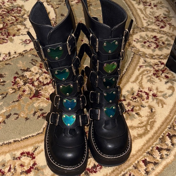 Demonia Shoes - Demonia Black Combat Boots with Green Heart Accents